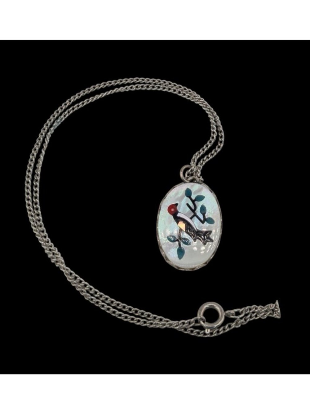 Vintage Artisan Mother Of Pearl Necklace With Bird & Branch Design - Picture 2 of 6